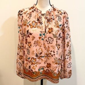 Joie long sleeve brown and pink hibiscus flower top XS BNWT